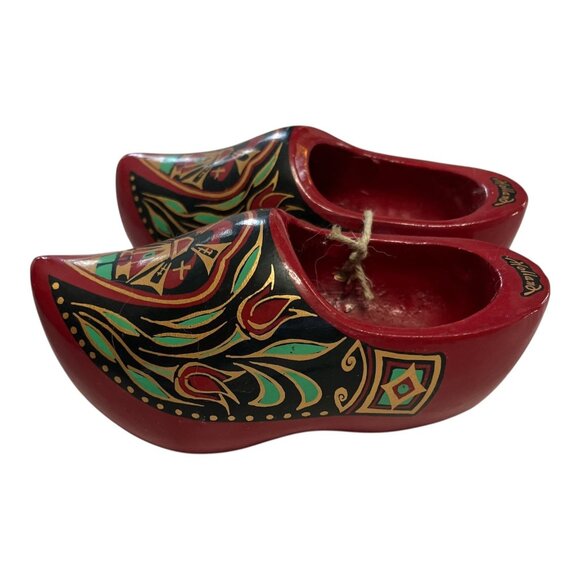 Vintage Dutch Wooden Clogs – Hand Painted Holland Souvenir Mini Shoes, Red Folk - Picture 3 of 5
